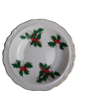 Lefton Trinket Dish China Hand Painted Holly Berry 5" Christmas Decor EUC